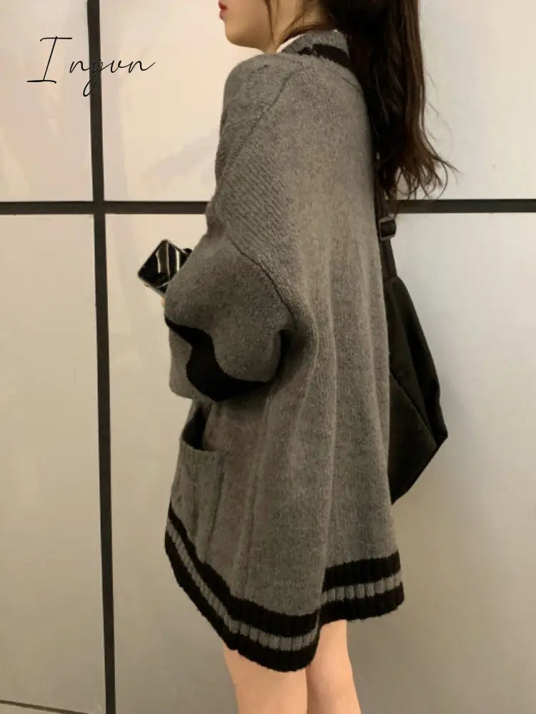 Ingvn - Cardigan Winter Grey Striped Knitted Sweater Cardigan Women Korean Fashion Style Harajuku Oversize Cardigan Preppy Female Coat