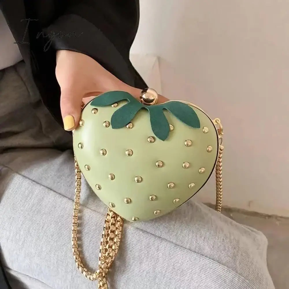 Ingvn - Cute Fruit Strawberry Heart Shape Pu Rivet Mini Fashion Ladies Chain Purse Clutch Bag Shoulder Bag Tote Female Flap Handbag Q5