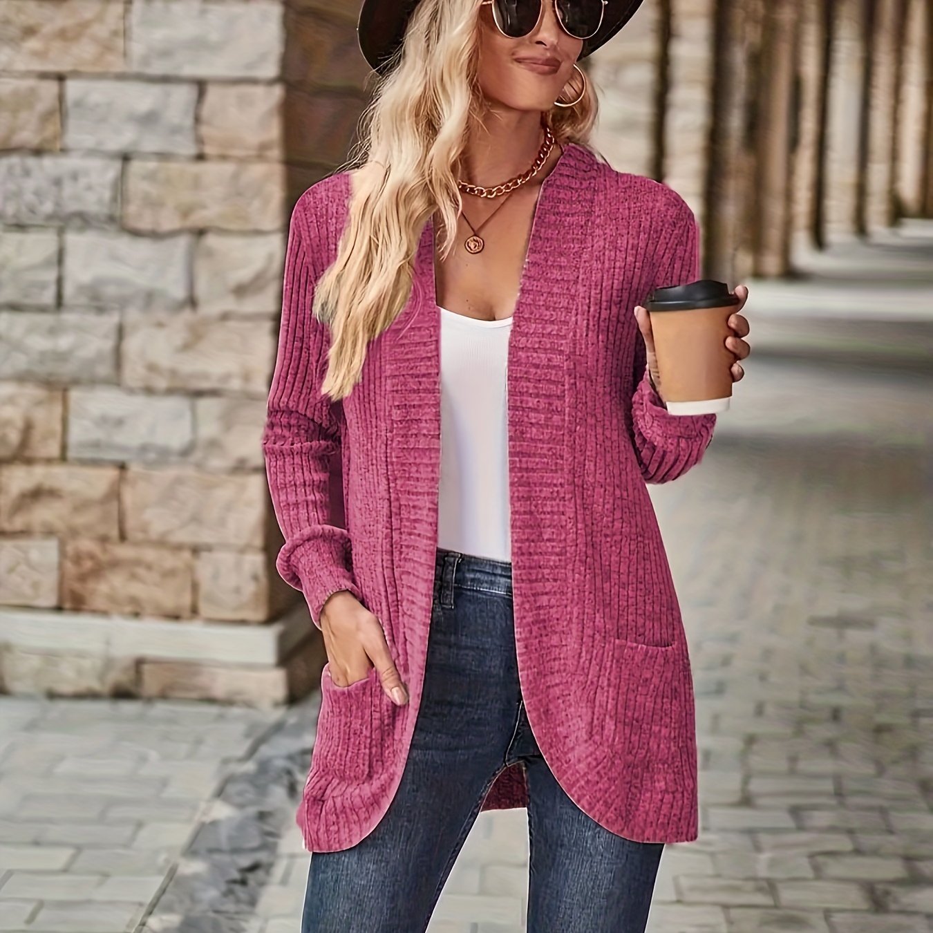 Solid Color Open Front Cardigan, Versatile Long Sleeve Pockets Cardigan For Spring & Fall, Women's Clothing