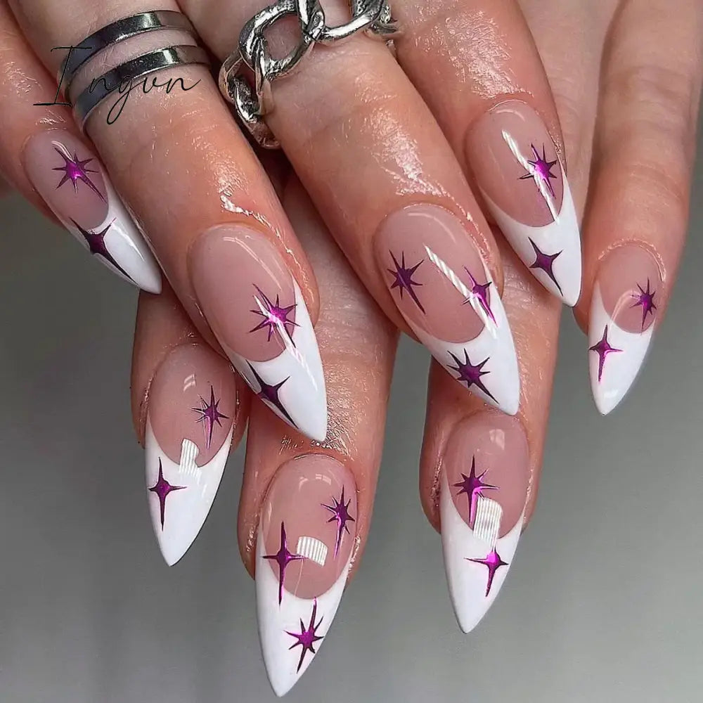 24Pcs Purple Y2K Press on Nails Star Diamond Designs Full Cover Fake Nails Long Coffin Acrylic False Nails for Women 2023 New
