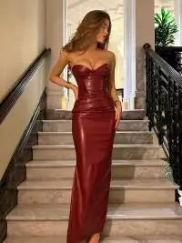 Women Burgundy Sexy Pu Leather Strapless Dress Fashion Backless Sleeveless Long Gown New Female Evening Party Prom Robe