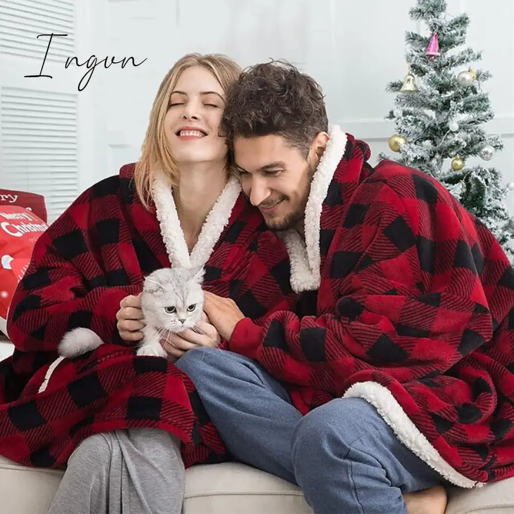Ingvn - Women‘s Couple‘s Pajamas Nightgown Hoodie Blanket Wearable Blanket Christmas Grid / Plaid Pure Color Plush Simple Comfort Home Party Fleece Warm Gift Patchwork Pocket Fall Winter Black Gray