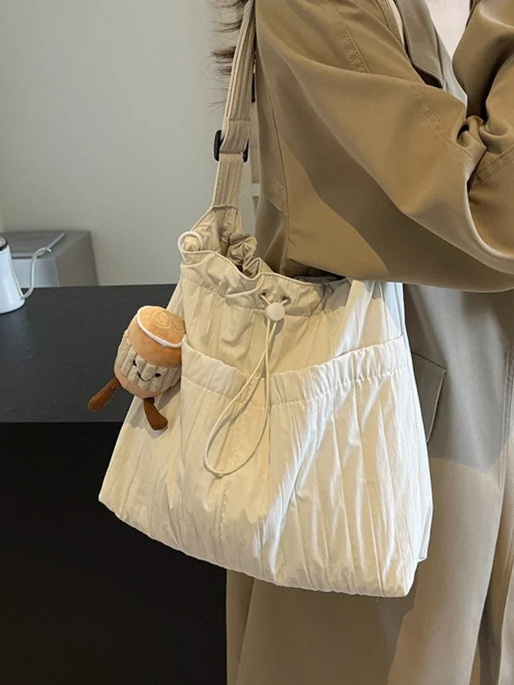 Ingvn  Simple Pleated Women's Shoulder Bag Soft Nylon Ladies Crossbody Bags Vintage Large Capacity Female Tote Drawstring Handbags