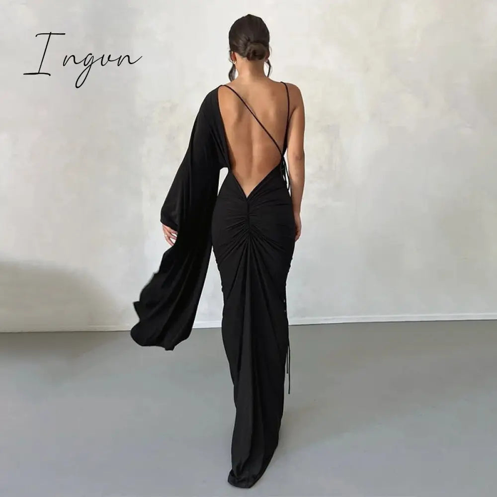 Ingvn - Fashion Draped Deep V Sexy Backless Maxi Dresses Party Club Women Elegant One Shoulder Gown Slip Dresses Ruched