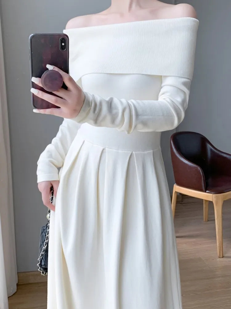 Sexy Off Shoulder Evening Dress for Women Solid Long Sleeve Slim Waist Party Vestidos Mujer Elegant One Piece Prom Robes Femme