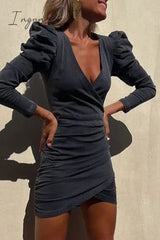 Ingvn - Sexy Simplicity Solid Fold Asymmetrical V Neck Long Sleeve Regular Denim Dresses