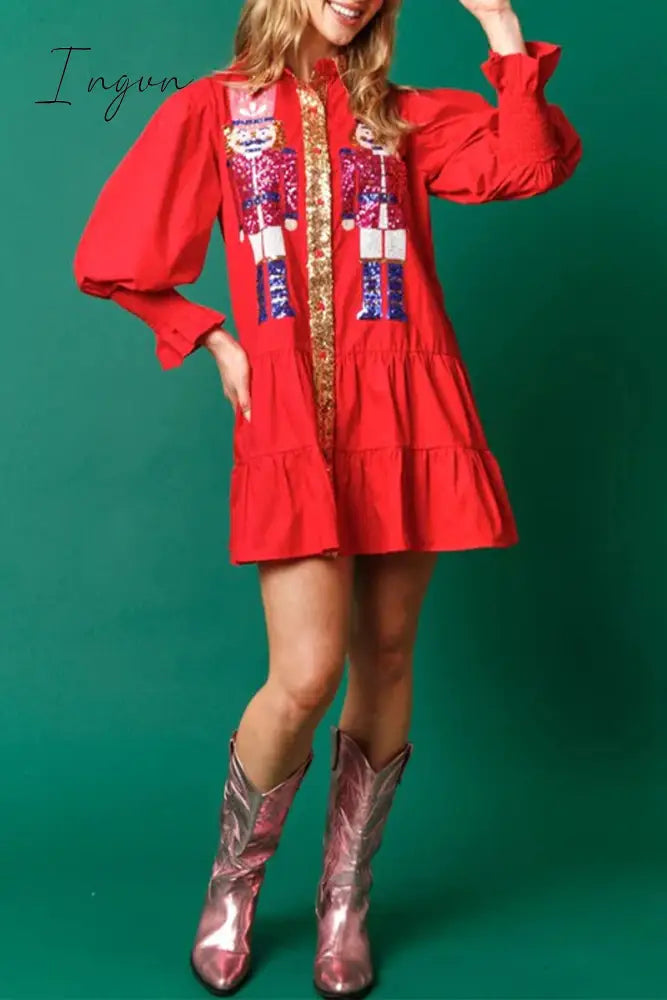 Ingvn - Sweet Solid Sequins Contrast Turndown Collar Long Sleeve Dresses
