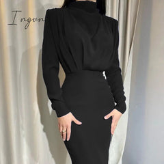 Ingvn - New Fashion Solid Party Dress Women Elegant Stand Collar Pleated Slim Long Dresses Lady Autumn Spring Casual Commute Dress