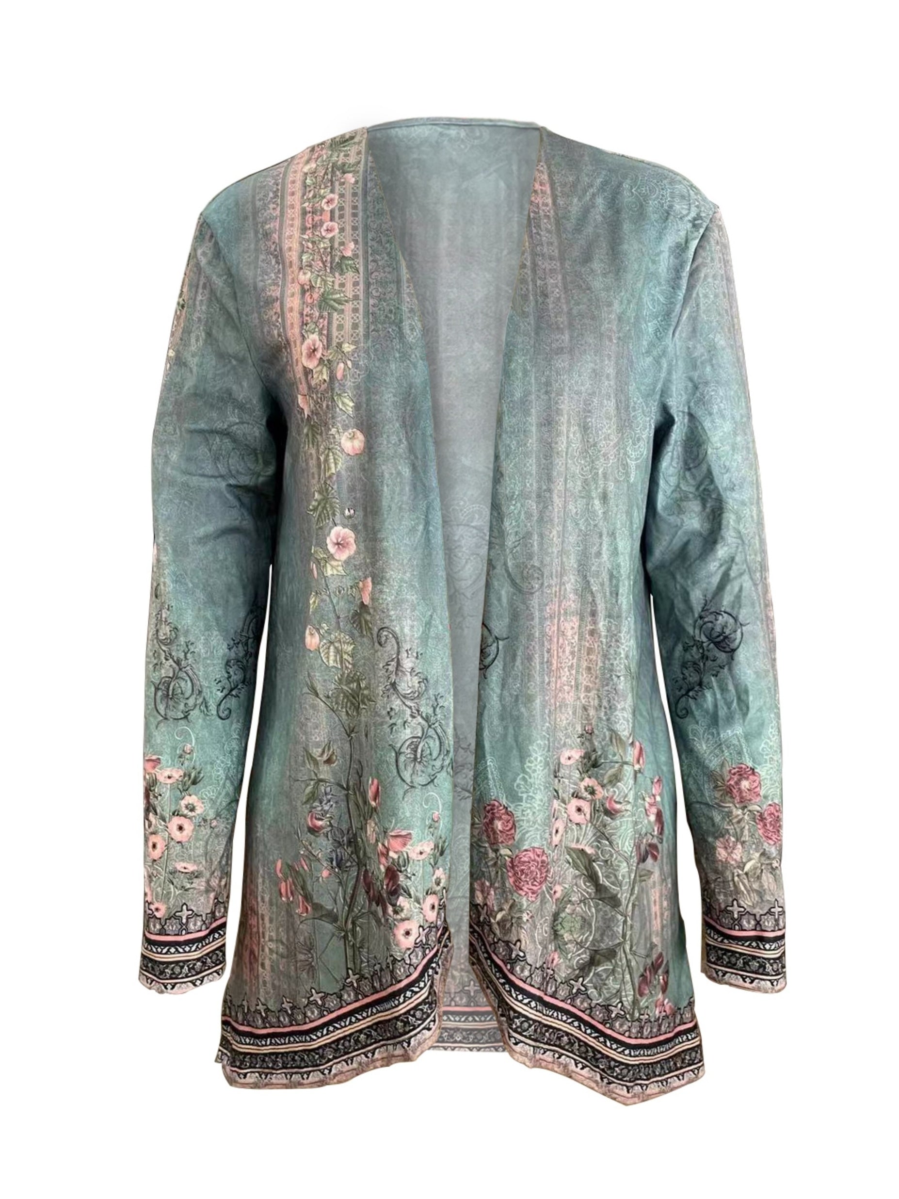 Floral Print Open Front Tunics, Casual Dipped Hem Long Sleeve Outwear For Spring & Fall, Women's Clothing