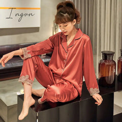Ingvn - New Pajamas For Women Long Sleeve Pajamas Suit Female Simple Style 2 Pieces Pajamas Silk Women's Home Clothes Set Pantsuits