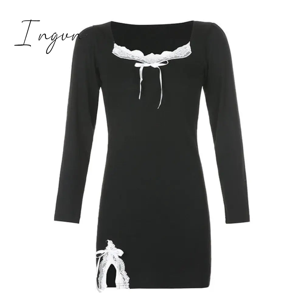 Ingvn - Gothic Sexy Dress Vintage Off Shoulder Lantern Sleeve Mesh Patchwork Velvet Mini Dress Dark Street Black Dress for Female