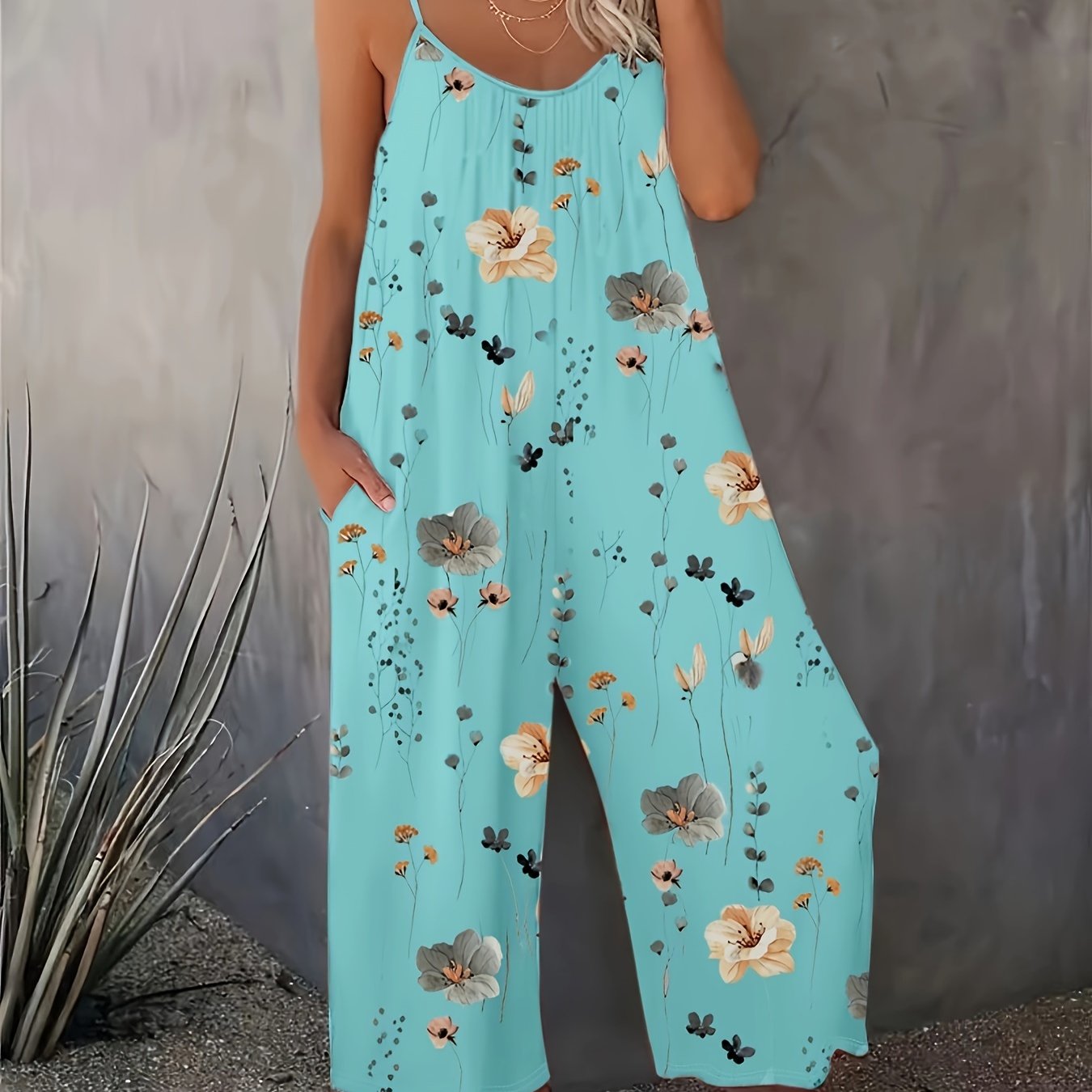 Floral Print Cami Jumpsuit, Casual Sleeveless Jumpsuit With Pockets For Spring & Summer, Women's Clothing