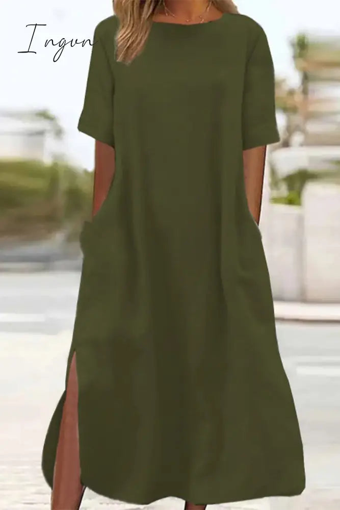 Ingvn - Casual Simplicity Leopard Pocket Slit O Neck Short Sleeve Dresses