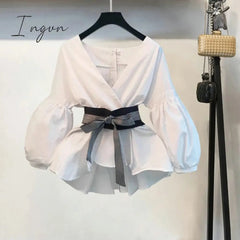 Ingvn - New Spring Summer 2 Pcs Suits Women's Striped Bow Lantern Sleeve Blouse + Black Split Flare Sleeve Pants Set S-3XL