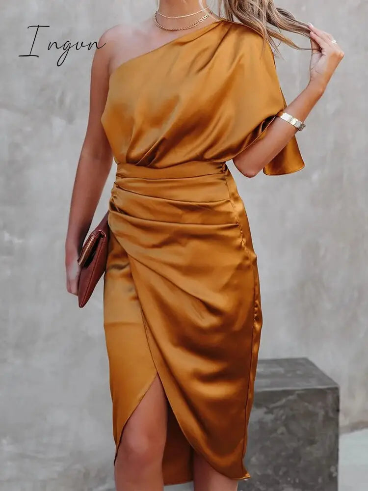 Ingvn - Sexy Party Satin Silk Autumn Winter Dress For Women Short Sleeve One Shoulder High Split Bandage Long Dresses Summer New