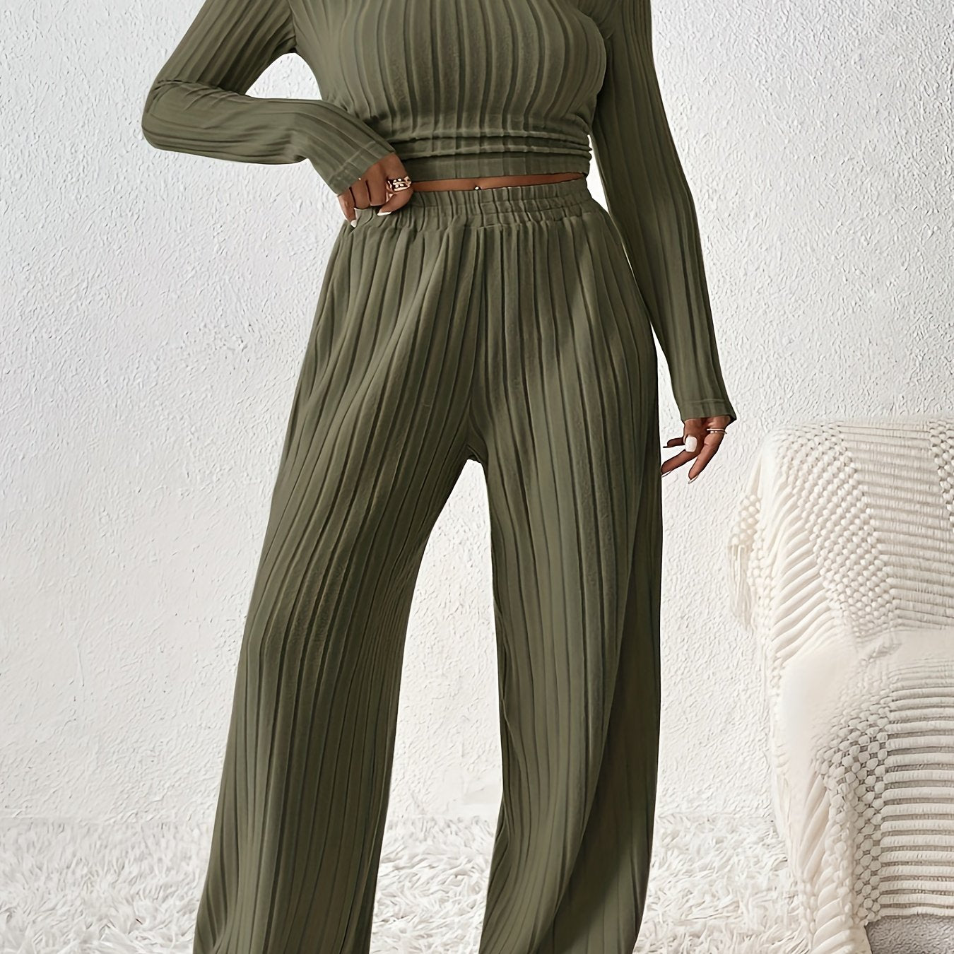Casual Ribbed Solid Color Pants Set, Low Cut Neck Long Sleeve Crop Top & Elastic Waist Wide Leg Loose Pants, Women's Clothing