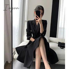 Ingvn - Elegant Dresses for Women Long Sleeve Streetwear Fashion Dress Slim Fit Solid Button Midi Notched 2023 New Spring Summer Dress
