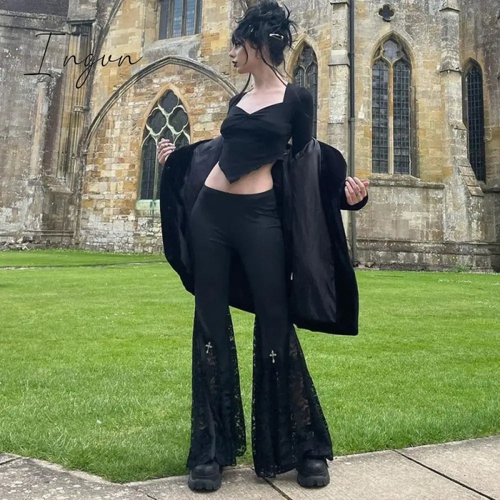 Ingvn - Goth Mall Flare Pants Sexy Black Lace Patchwork High Waist Vintage Harajuku Hippie Punk Grunge Streetwear  Y2k Pants