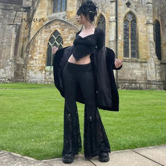Ingvn - Goth Mall Flare Pants Sexy Black Lace Patchwork High Waist Vintage Harajuku Hippie Punk Grunge Streetwear  Y2k Pants