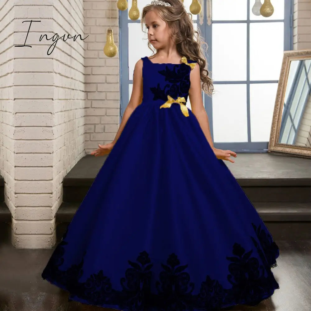 Ingvn - Summer Kids Princess Dress Girls Flower Embroidery Dress For Girls Vintage Wedding Party Formal Ball Gown Children Clothing