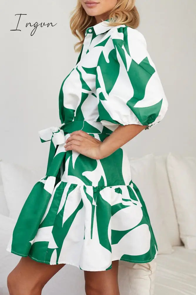 Ingvn - Casual Geometric Print Bandage Turndown Collar A Line Dresses