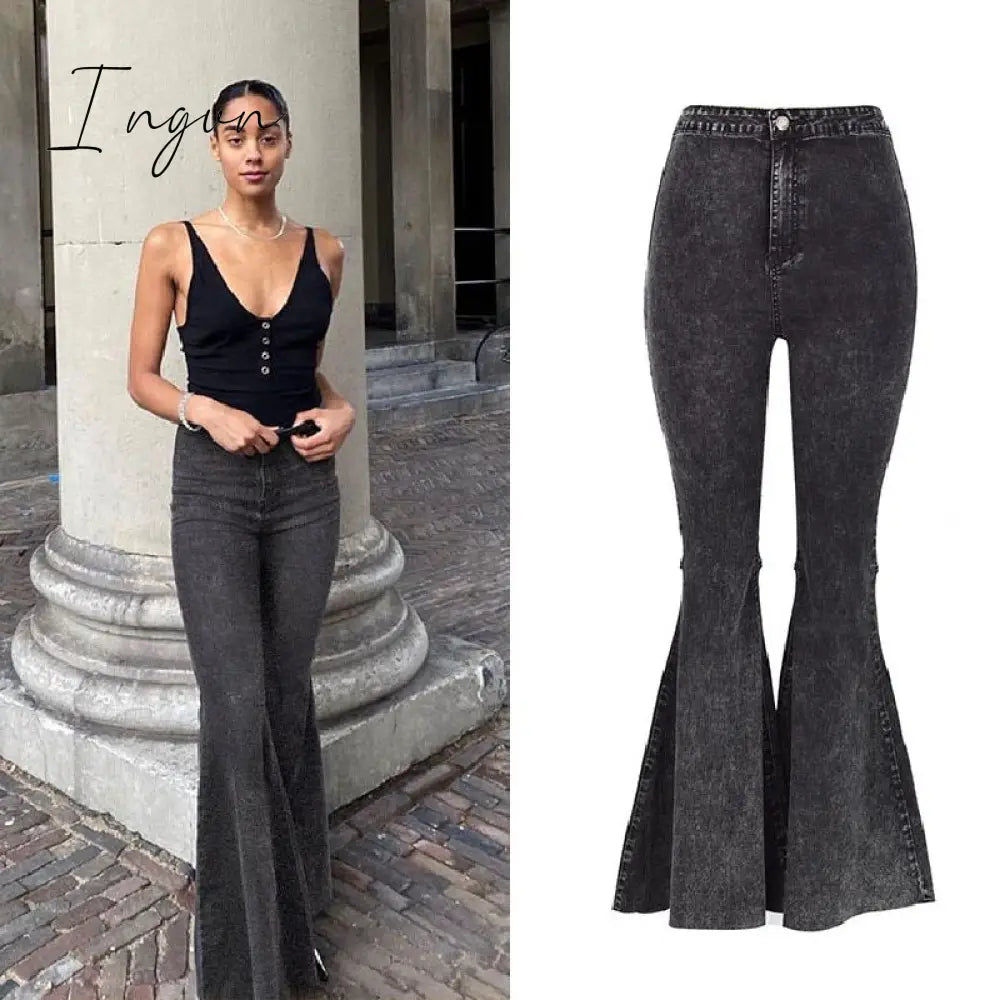 Ingvn - High Quality Women retro high waist jeans spring autumn stretch wash thin wide leg pants flared denim trousers female J034