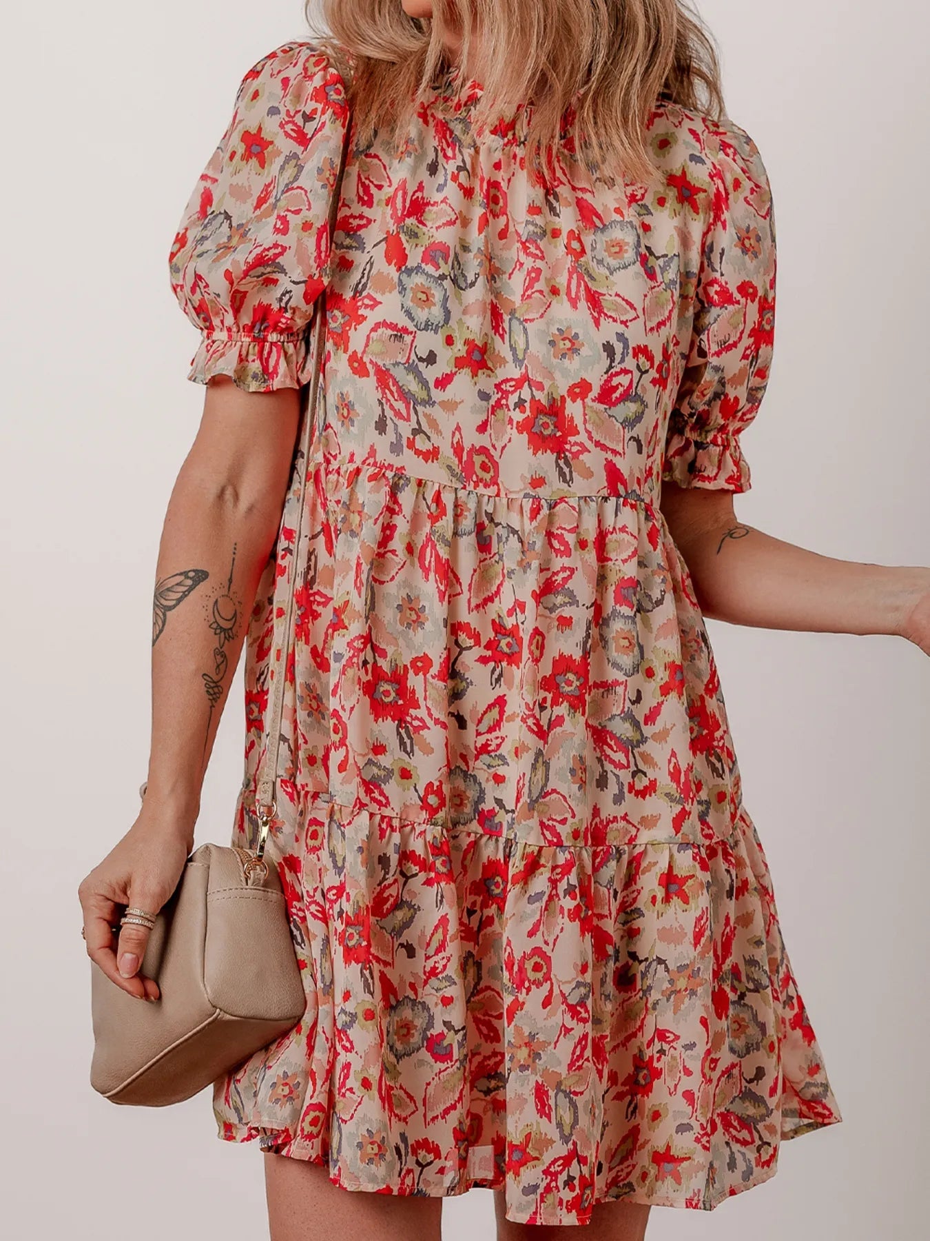 Floral Print Frilled Neck Puff Sleeve High Waist Dress