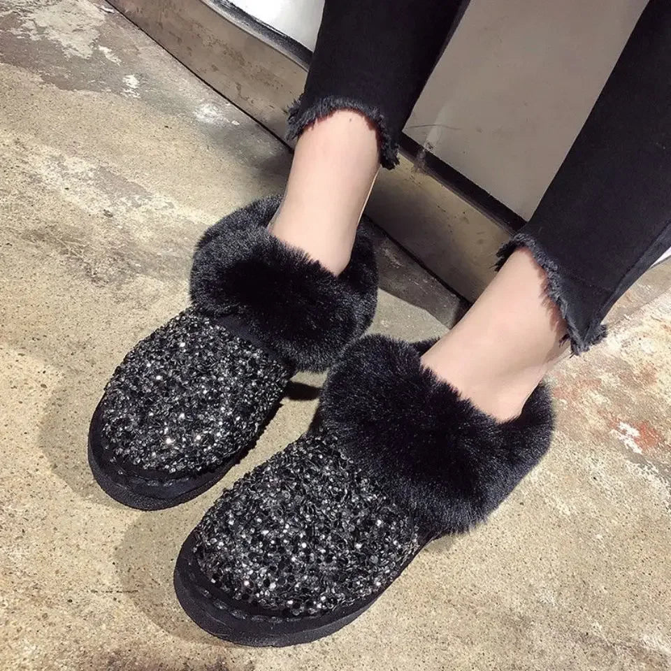 Ingvn  Womens Snow Boots Sexy Round Toe Shoes for Women Rhinestone Elegant with Low Heels Plus Warm Y2k Anti Skid on Promotion Gyaru Pu