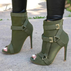 Ingvn - Back Zip Peep Toe Stiletto Heel Ankle Boots