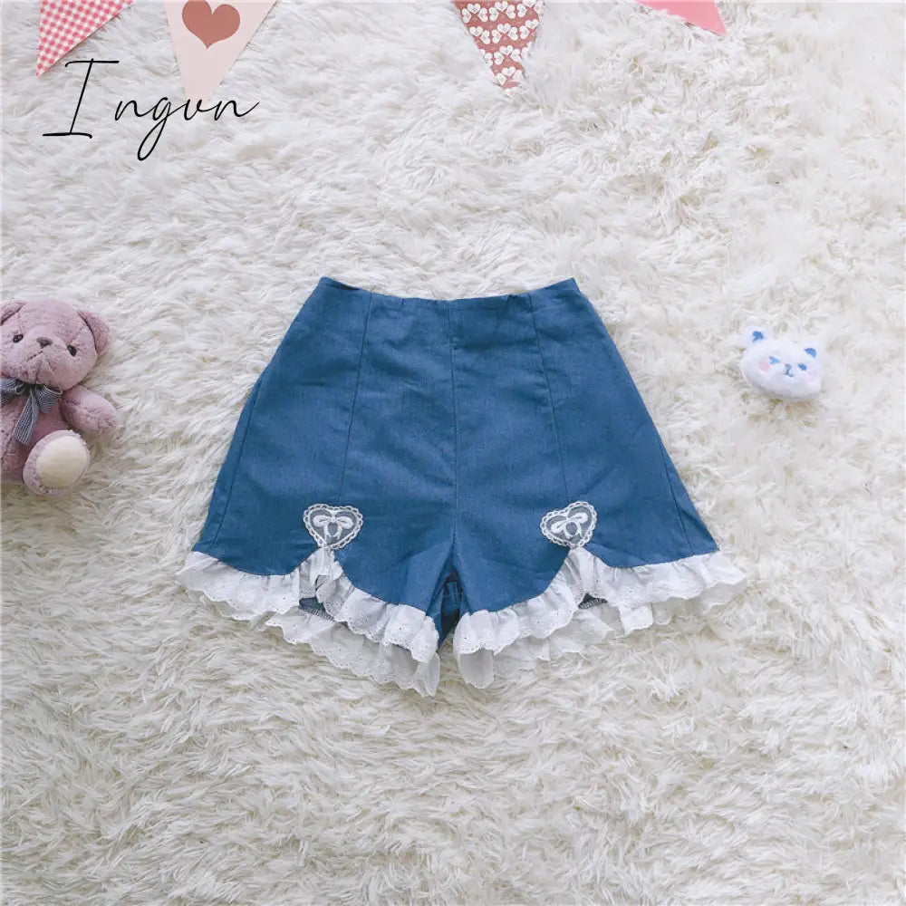 Ingvn - Summer Outfits Trends Cute Lolita Girls Denim Shorts Japanese Sweet High Waist Lace Irregular Women's Shorts S-4XL Summer Kawaii Sexy Blue Shorts