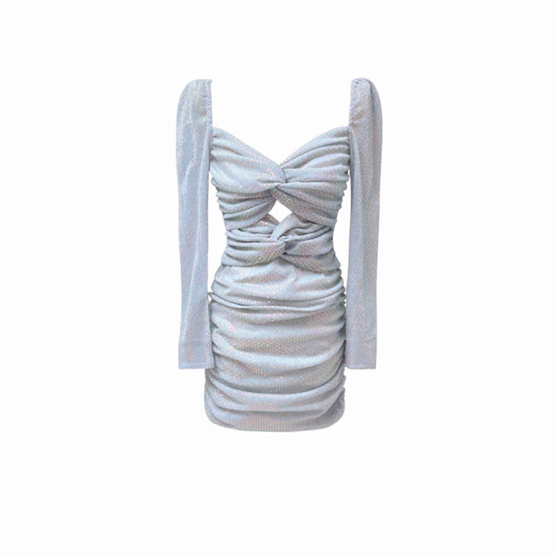 Pphmm nerdy dress to impress New French Socialite Dinner Dress Sequined Pleated Twisted Long Sleeve Dress Women's Slim-Fit Elegant Hip Skirt