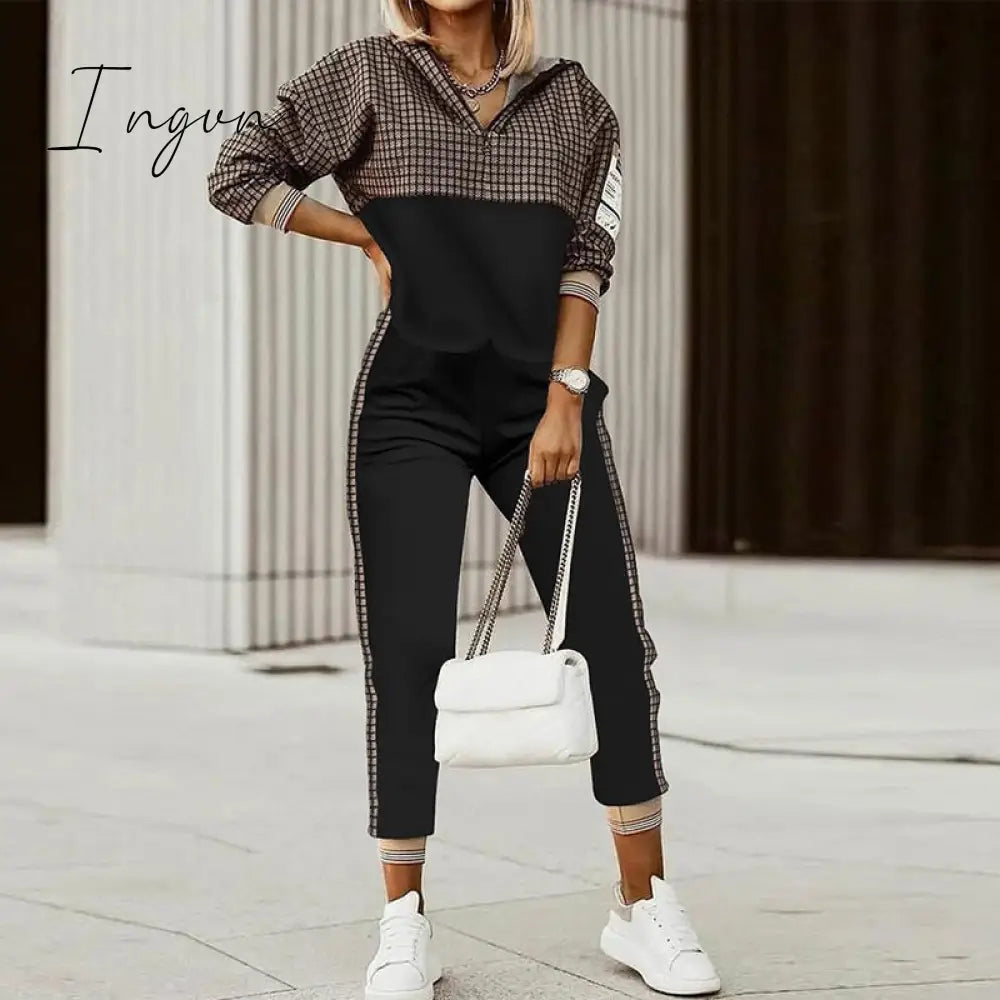 Ingvn - Spring Autumn Women Fashion Print Splicing Tracksuits Two Piece Sets Female Casual Long Sleeve V Neck Top Jogging Pant Suit
