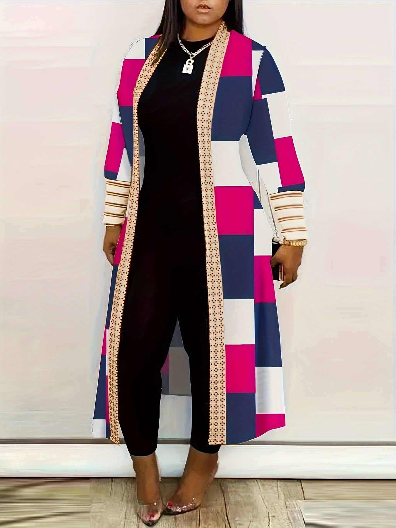 Long Sleeve Colorblock Geometric Print Casual Open Front Cardigan, Women's Clothing
