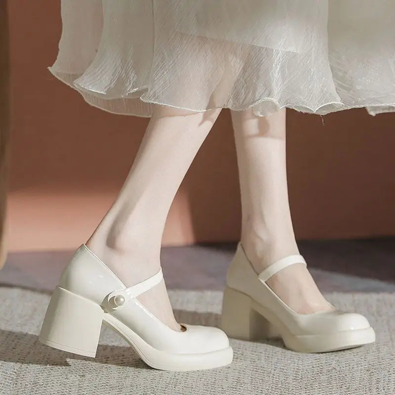 Ingvn  Shoes for Woman  with Medium Heels Gothic Women's Summer Footwear Japanese Style Lolita Pearl Round Toe Mary Jane Platform E