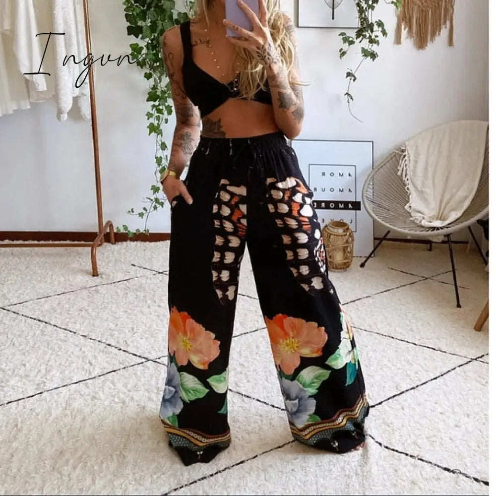 Ingvn - 2 Pecs Suit Summer Tracksuit Sets Womens Outfits Boho Beach Style Print Underwear Loose Wide Leg Pants Ropa Mujer Подходить New