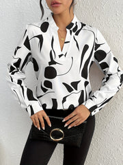 Geo Print V Neck Blouse, Casual Long Sleeve Blouse For Spring & Fall, Women's Clothing