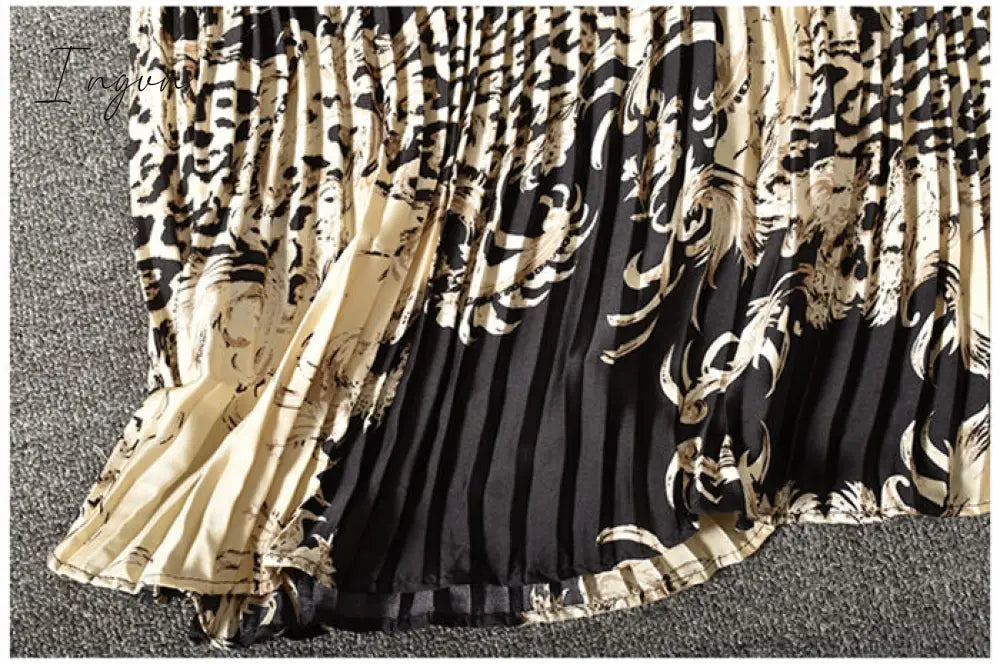 Ingvn - Vintage Long Dress Popular Full Sleeve Spring Fall New Loose A-Line Printed Leopard Pleated Women Dress Elegant Robe y1470