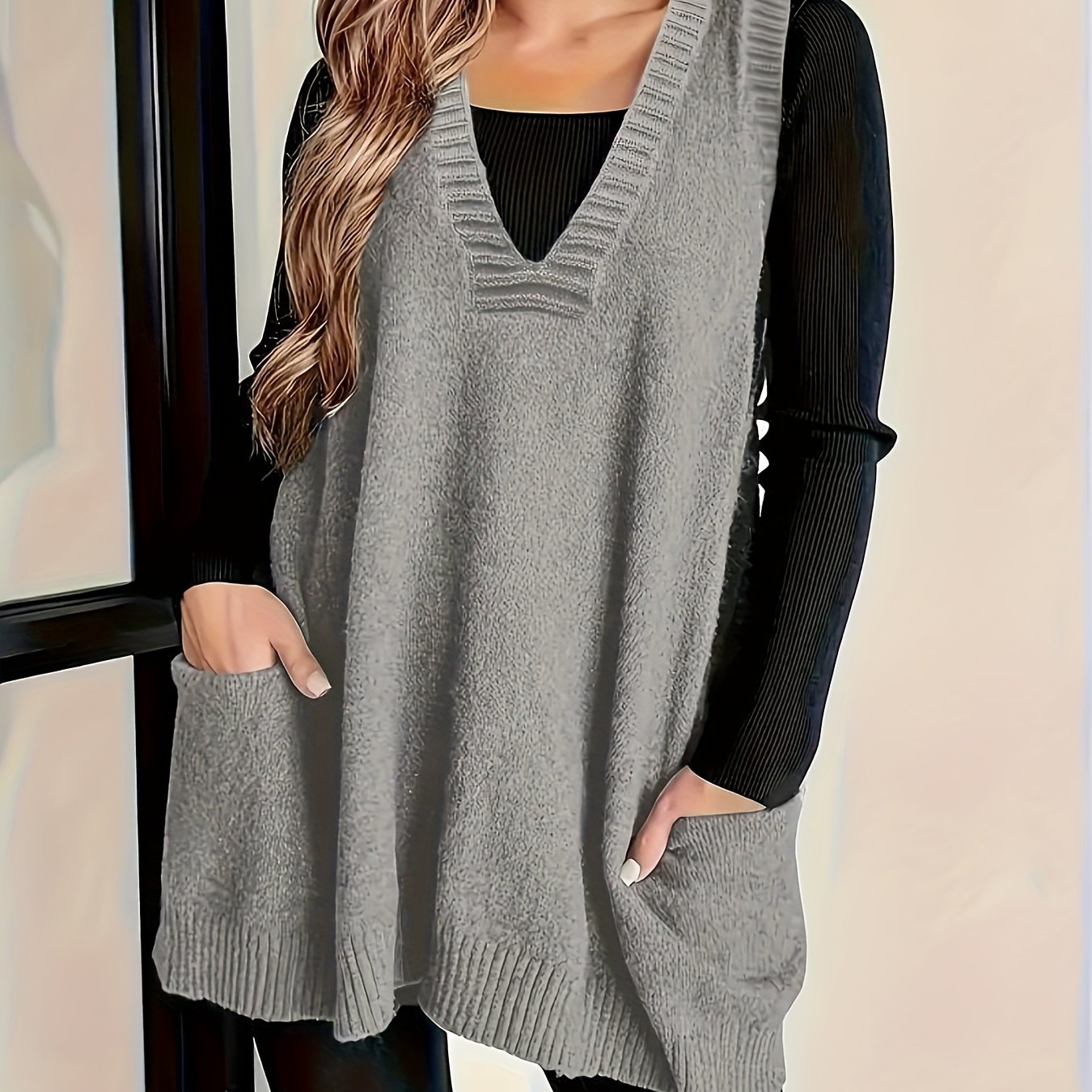 2024 Spring/Fall New Arrival V-Neck Knitted Vest with Pockets, Casual Large Size Pullover Cardigan, Solid Color, Polyester, No Bra Pad, for Casual Outings