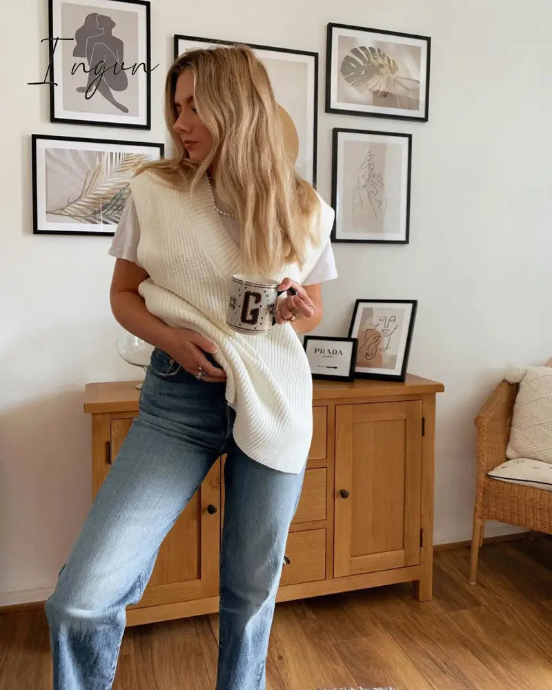 Ingvn - Women V Neck Sweater Vest Korean Preppy Style Solid Knitted Sleeveless Sweater Female Autumn Winter Casual Loose Pullover Jumper