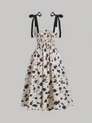 [Chic Midi V-Neck Floral Dress] Women'S Elegant V-Neck Floral Print Dress with Tie Straps, Polyester Knit Fabric, A-Line Silhouette, All-Season Chic Midi Dress for Adult