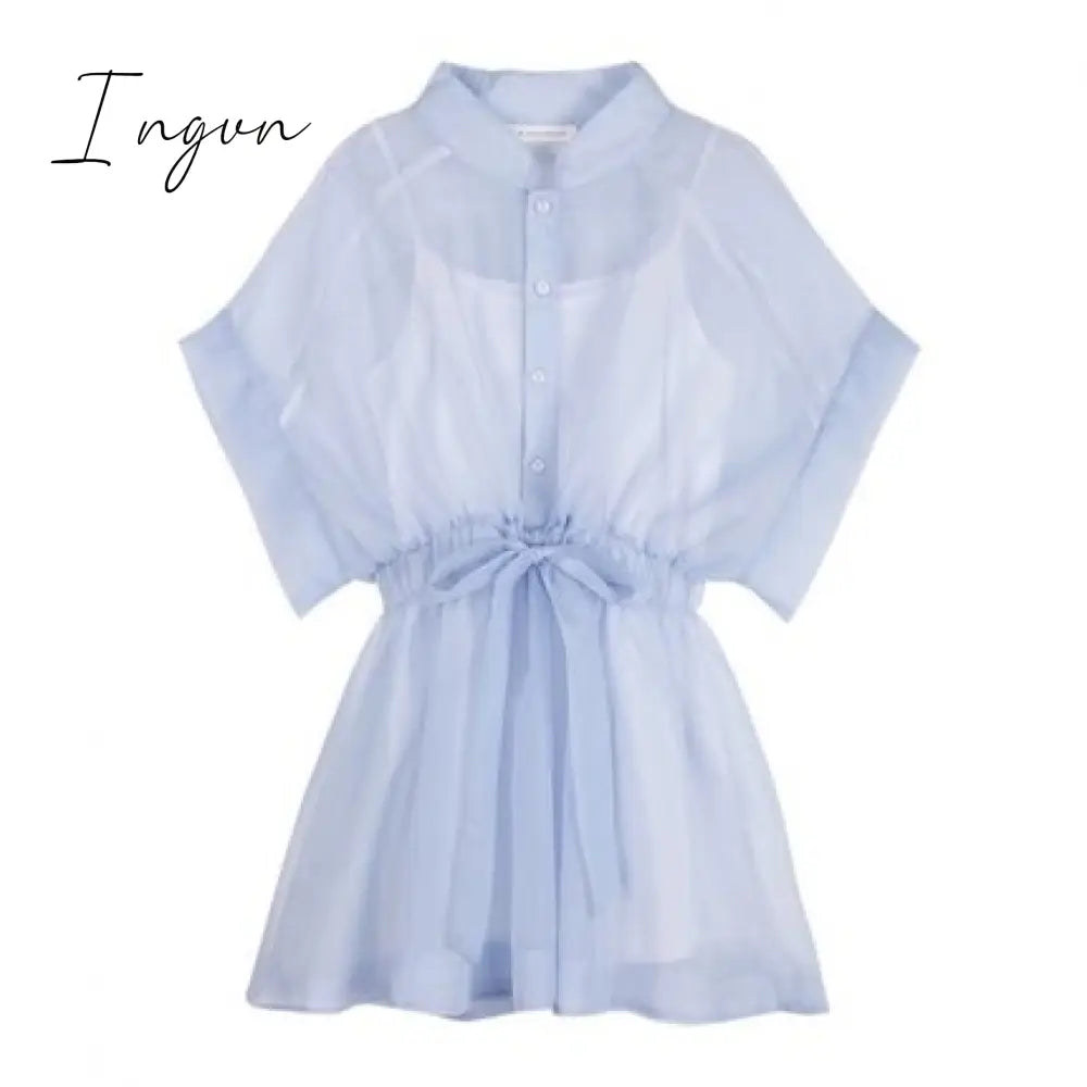 Ingvn - Summer Outfits Summer Two-piece Set Mini Dress Women Korean Short Sleeve Stand Organza Belt Single-breasted T-shirt Dresses + Cotton Base Shirt