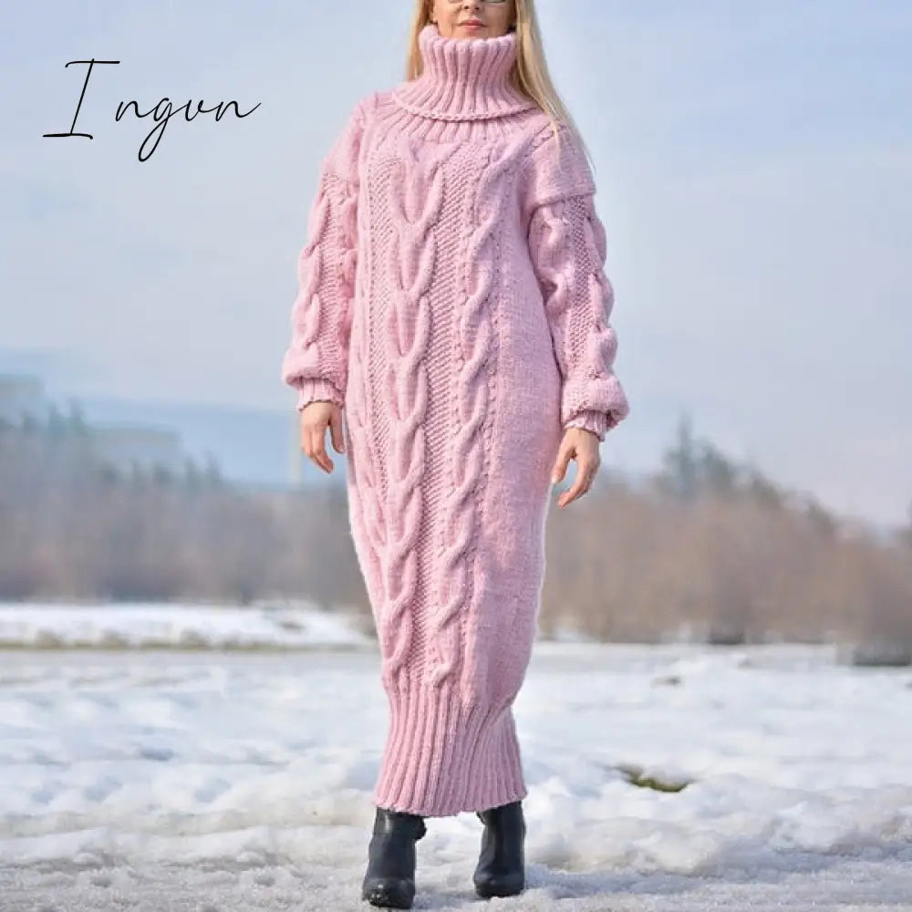 Ingvn - Sweater Dress Women Long Sleeve High Neck Knitted Pullover Dress Soft Warm Solid Color Oversize Bodycon Jumper Female Dress
