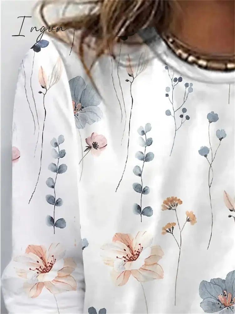 Ingvn - Women's T shirt Tee White Yellow Pink Floral Print Long Sleeve Holiday Weekend Basic Round Neck Regular Floral Painting