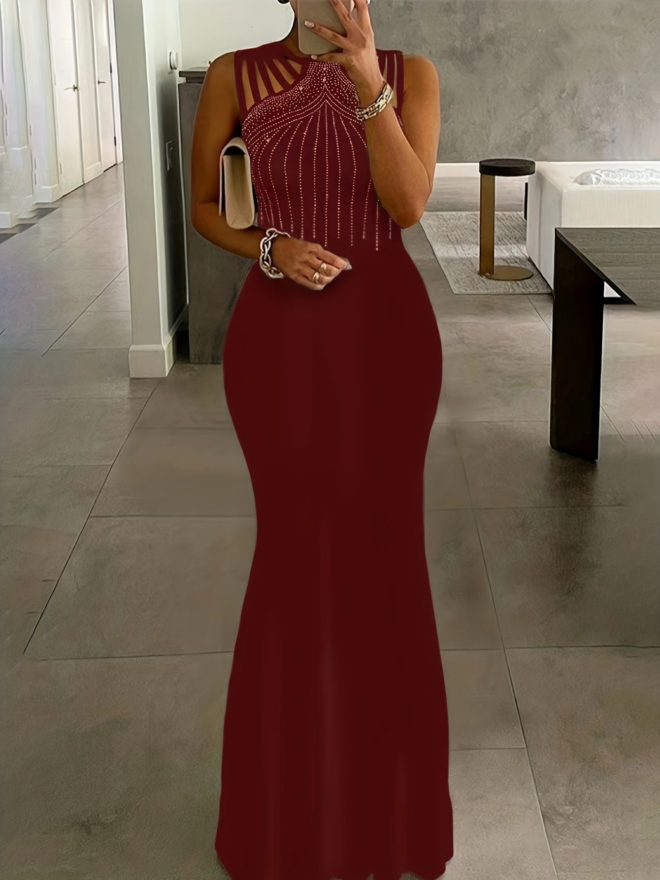 Rhinestone Bodycon Party Evening Dress, Sexy Sleeveless Solid Color Dress, Women's Clothing For Party Dressing