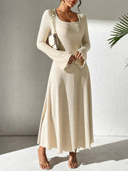 Elegant Women's Solid Color Dress with Bell Sleeves and Square Neckline - High Stretch, Machine Washable, Perfect for All Seasons