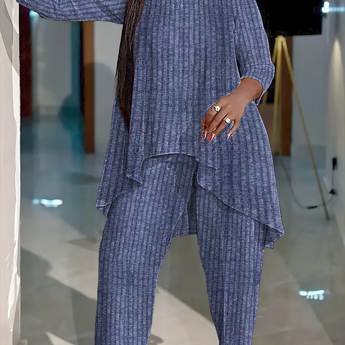 Women's Plus Size Fashion Round Neck Two-Piece Outfit, Polyester Knit, Asymmetric, Solid Color, Elegant Middle Eastern Style, Stretch Fabric, Cozy Loungewear Set