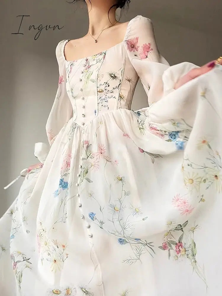 Ingvn - French Elegant Floral Midi Dress Chiffon Long Sleeve Evening Party Dress Woman Beach Fairy One Piece Dress Korean 2023 Summer