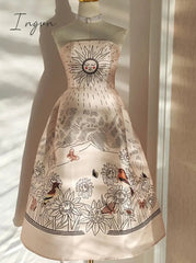 Ingvn - Vintage Flower Printed Strapless Sleeveless Midi Vestidos Summer 2023 New Women Gown Party Wedding Evening Dresses