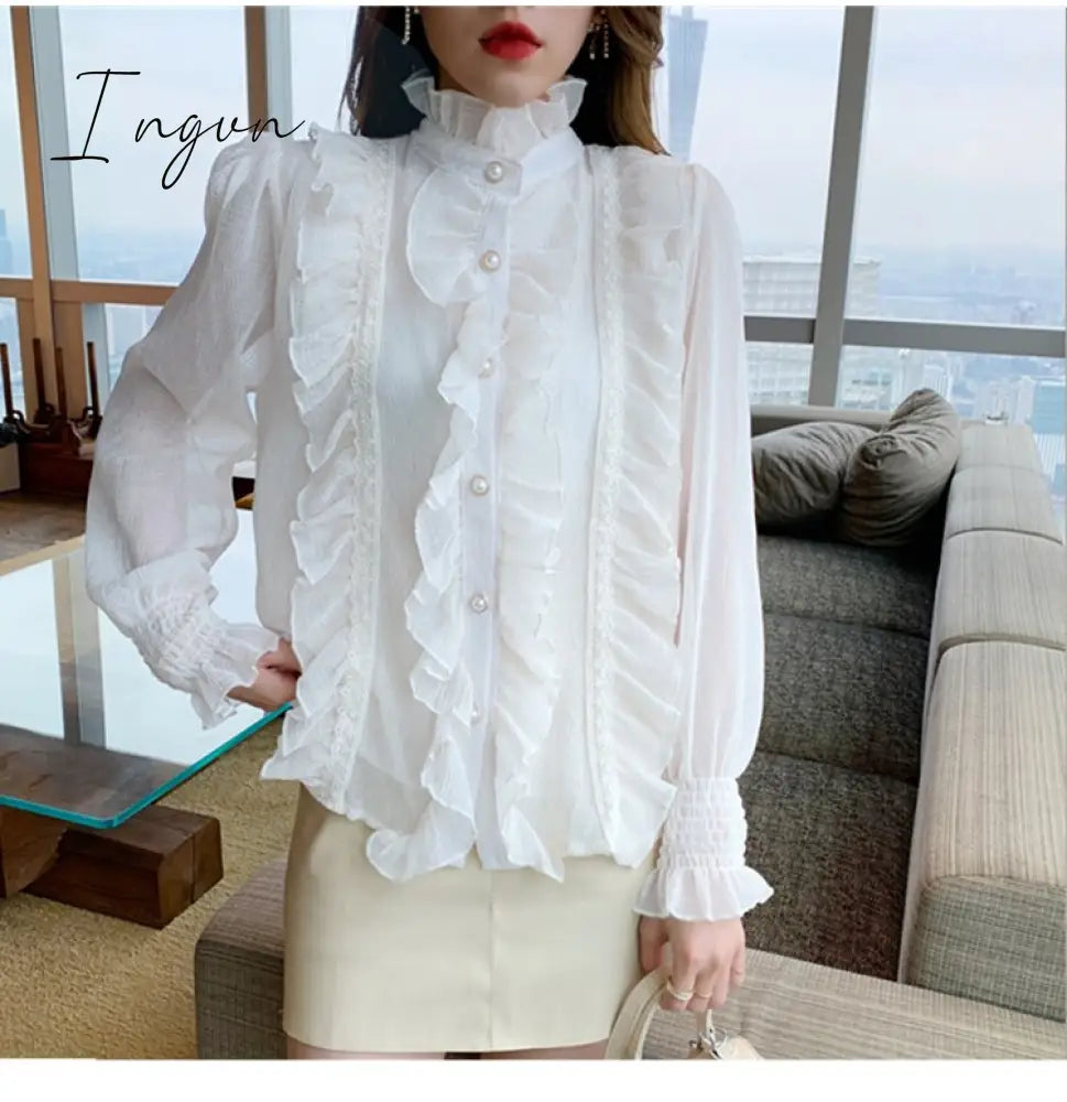 Ingvn - Woman Chic Long Sleeve Stand Collar Blouses Women Casual Loose White Tops Korean Lace Ruffles Elegant Chiffon Shirt Blusas