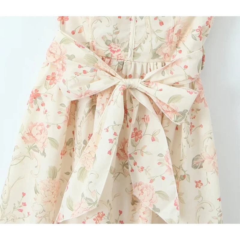 Summer Women Front Slit With Belt Floral Print Long Dress Sexy Backless Flying Sleeve Female Elegant Party Dresses